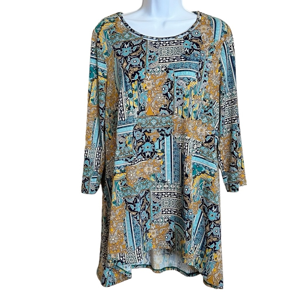 Chico’s Lagenlook Floral Patchwork Jersey Tunic Top 8 M Blue Artsy Oversized